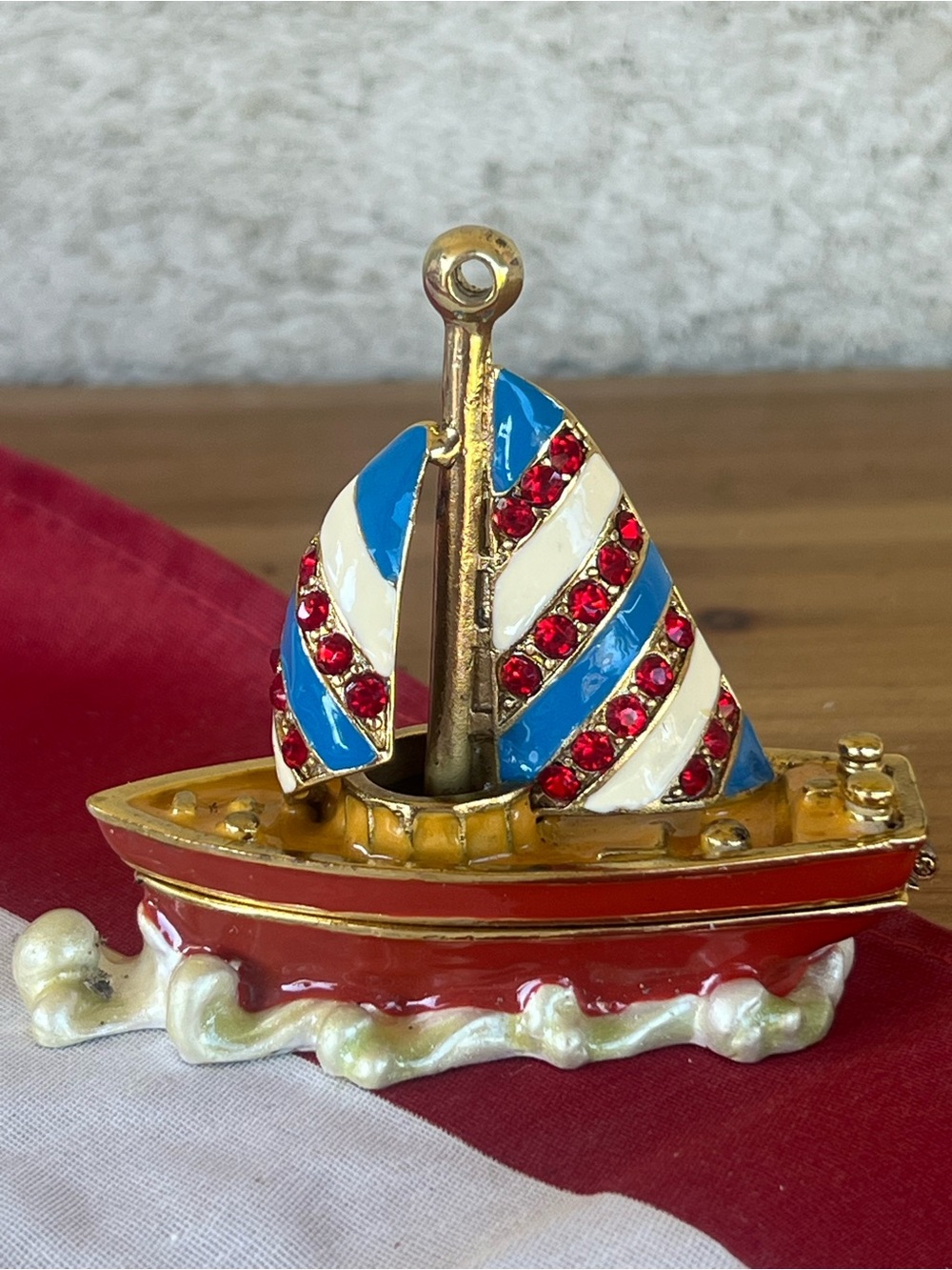 Enamel Sailboat Trinket with Red, Blue & White Accents